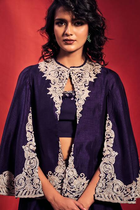 Stotram_Purple Dupion Silk Embroidered Marodi Work Jacket Round Neck Lehenga Set_Online_at_Aza_Fashions