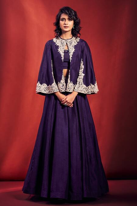 Buy_Stotram_Purple Dupion Silk Embroidered Marodi Work Jacket Round Neck Lehenga Set_Online_at_Aza_Fashions