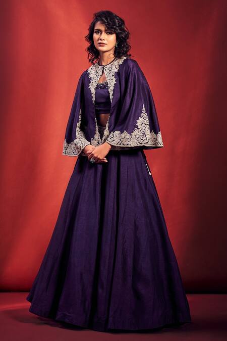 Shop_Stotram_Purple Dupion Silk Embroidered Marodi Work Jacket Round Neck Lehenga Set_Online_at_Aza_Fashions