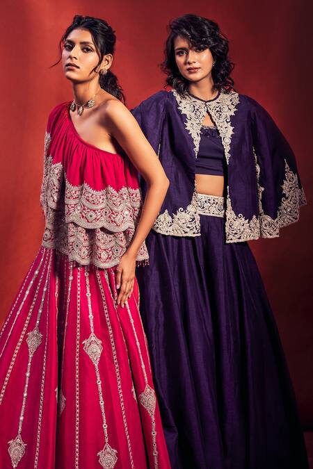 Stotram_Purple Dupion Silk Embroidered Marodi Work Jacket Round Neck Lehenga Set_at_Aza_Fashions