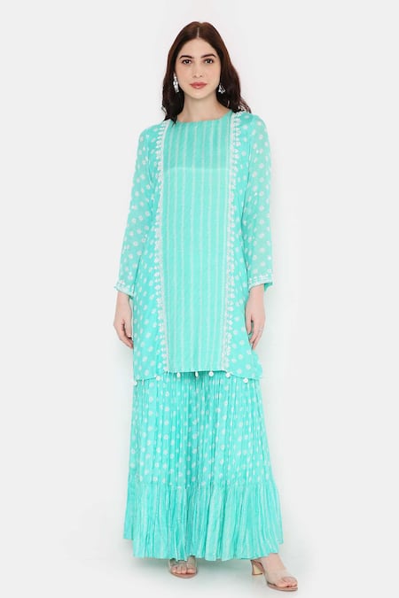 Bha Sha_Blue Muslin, Net, Cotton Sequins, Cut Work, Aarohi Short Printed Kurta Set _Online_at_Aza_Fashions