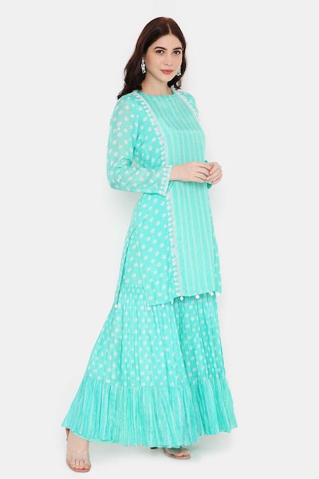 Buy_Bha Sha_Blue Muslin, Net, Cotton Sequins, Cut Work, Aarohi Short Printed Kurta Set _Online_at_Aza_Fashions