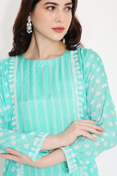Shop_Bha Sha_Blue Muslin, Net, Cotton Sequins, Cut Work, Aarohi Short Printed Kurta Set _Online_at_Aza_Fashions
