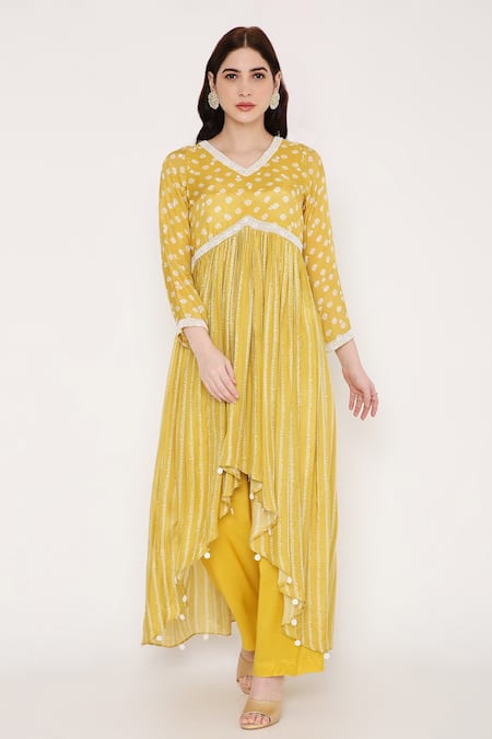 Bha Sha Yellow Muslin, Net, Silk Beads V-neck Aashi Bandhani Print Anarkali Set Online at Aza Fashions Bha Sha_Yellow Muslin, Net, Silk Beads V-neck Aashi Bandhani Print Anarkali Set _Online_at_Aza_Fashions