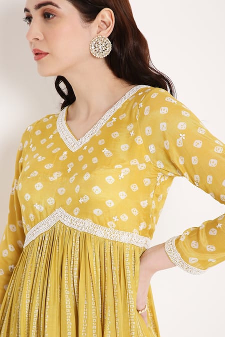 Shop Bha Sha Yellow Muslin, Net, Silk Beads V-neck Aashi Bandhani Print Anarkali Set Online at Aza Fashions Shop_Bha Sha_Yellow Muslin, Net, Silk Beads V-neck Aashi Bandhani Print Anarkali Set _Online_at_Aza_Fashions