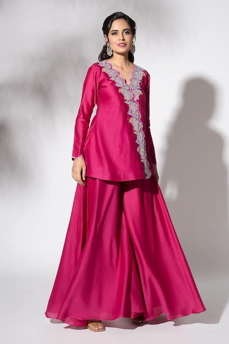 Shop_The Aarya_Pink Chanderi, Viscose Embroidery V-neck Kurta Gharara Set _Online_at_Aza_Fashions