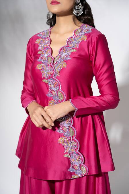 The Aarya_Pink Chanderi, Viscose Embroidery V-neck Kurta Gharara Set _at_Aza_Fashions