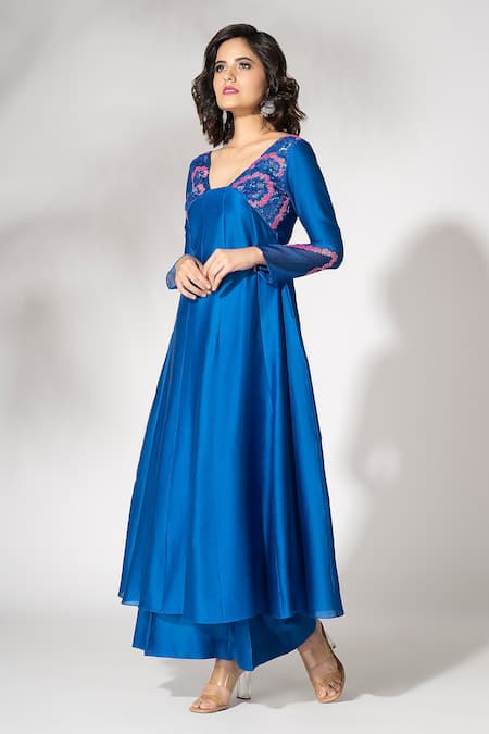 Shop_The Aarya_Blue Chanderi, Viscose, Organza Embroidery V-neck Anarkali Pant Set _Online_at_Aza_Fashions