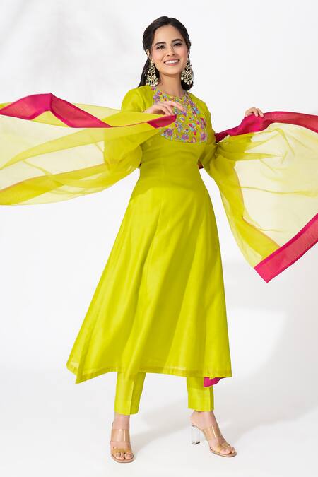 Buy_The Aarya_Green Chanderi, Viscose, Organza Sequins, Beads Embroidered Kali Kurta Pant Set _Online_at_Aza_Fashions