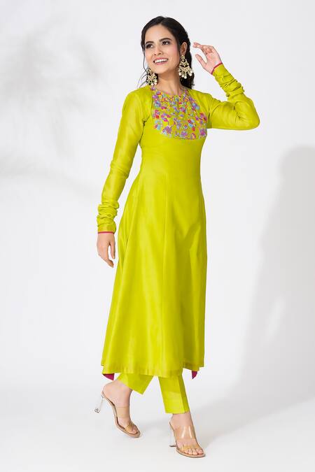 Shop_The Aarya_Green Chanderi, Viscose, Organza Sequins, Beads Embroidered Kali Kurta Pant Set _Online_at_Aza_Fashions