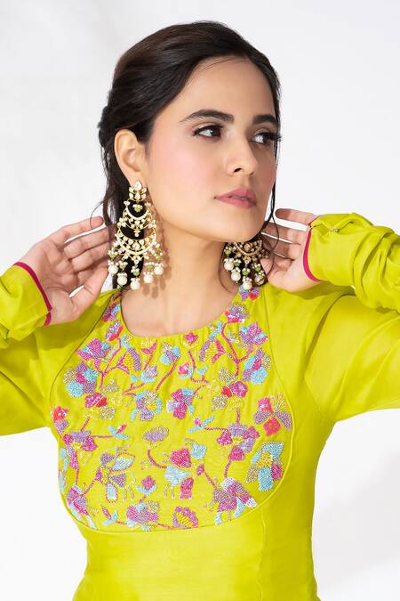 The Aarya_Green Chanderi, Viscose, Organza Sequins, Beads Embroidered Kali Kurta Pant Set _at_Aza_Fashions