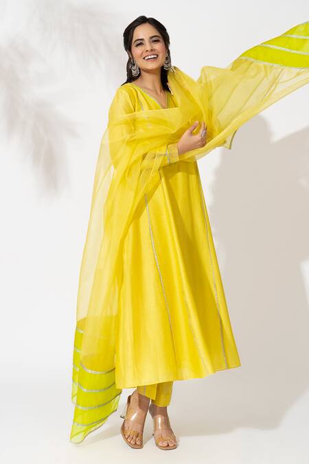 The Aarya_Yellow Chanderi, Viscose, Organza Embroidery V-neck Anarkali Set _Online_at_Aza_Fashions