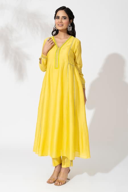 Shop_The Aarya_Yellow Chanderi, Viscose, Organza Embroidery V-neck Anarkali Set _Online_at_Aza_Fashions