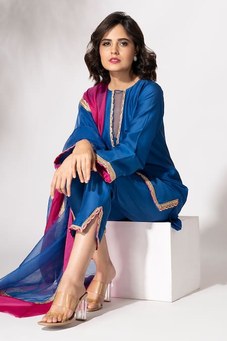 The Aarya_Blue Chanderi, Viscose, Organza Lace, Embroidery Round Neck Kurta Set _Online_at_Aza_Fashions