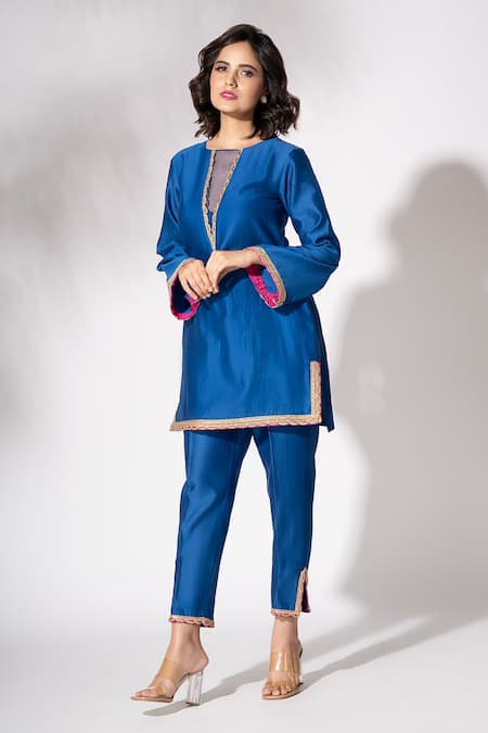 Shop_The Aarya_Blue Chanderi, Viscose, Organza Lace, Embroidery Round Neck Kurta Set _Online_at_Aza_Fashions