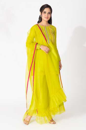 The Aarya_Yellow Handloom Cotton, Viscose, Organza Ruffles, Chanderi Lace Kurta Set _Online_at_Aza_Fashions