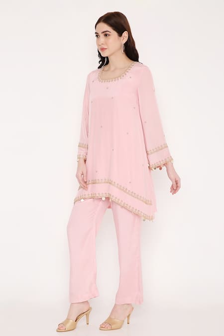 Bha Sha Pink Crepe, Cotton, Satin Sequins, Aastha Placement Embroidered Tunic And Pant Set Online at Aza Fashions Bha Sha_Pink Crepe, Cotton, Satin Sequins, Aastha Placement Embroidered Tunic And Pant Set _Online_at_Aza_Fashions