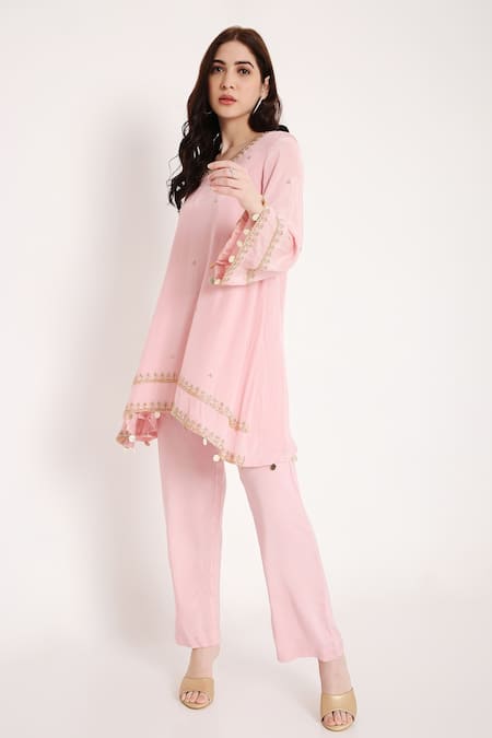 Shop Bha Sha Pink Crepe, Cotton, Satin Sequins, Aastha Placement Embroidered Tunic And Pant Set Online at Aza Fashions Shop_Bha Sha_Pink Crepe, Cotton, Satin Sequins, Aastha Placement Embroidered Tunic And Pant Set _Online_at_Aza_Fashions