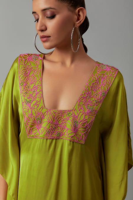 The Aarya_Green Satin Beads Square Neck Embroidered Kaftan _Online_at_Aza_Fashions