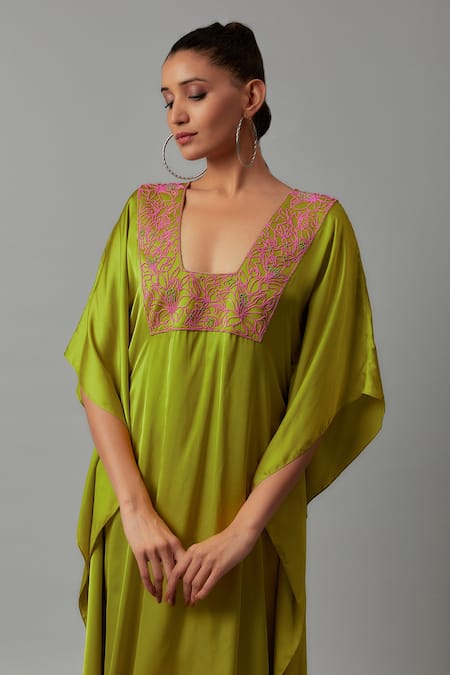 Buy_The Aarya_Green Satin Beads Square Neck Embroidered Kaftan _Online_at_Aza_Fashions