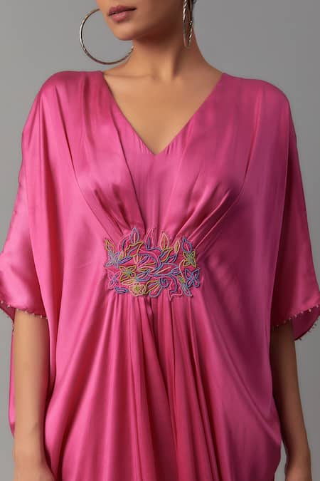The Aarya_Pink Satin Beads V-neck Embroidered Kaftan _Online_at_Aza_Fashions