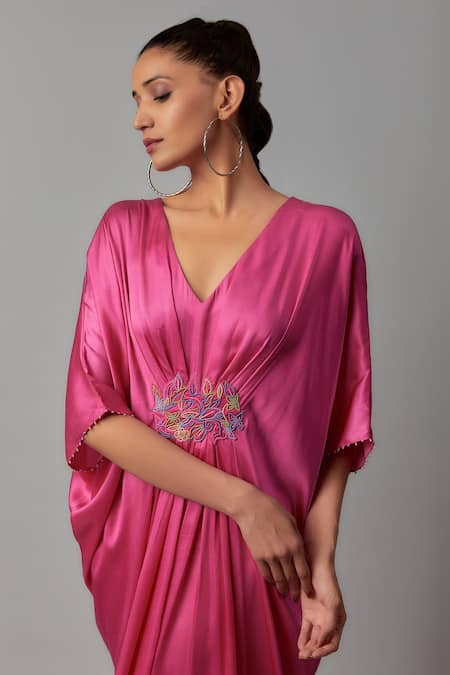 Buy_The Aarya_Pink Satin Beads V-neck Embroidered Kaftan _Online_at_Aza_Fashions