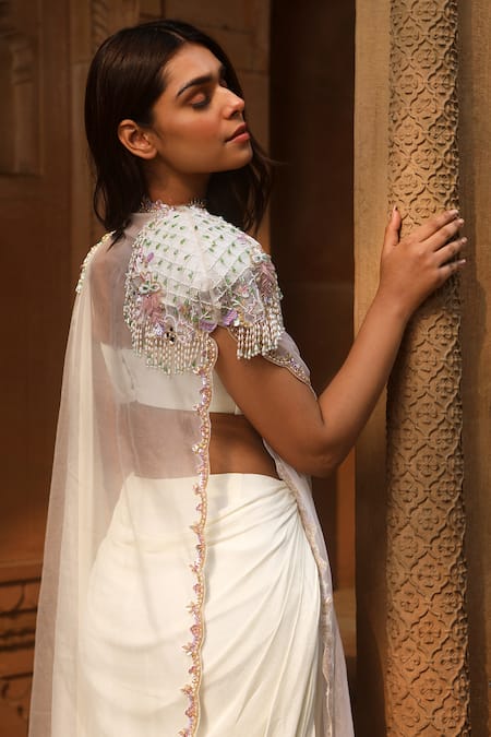 Dheeru Taneja_Ivory Organza, Chiffon Sequins Scoop Neck Aazira Pre-draped Saree Set With Cape _Online_at_Aza_Fashions