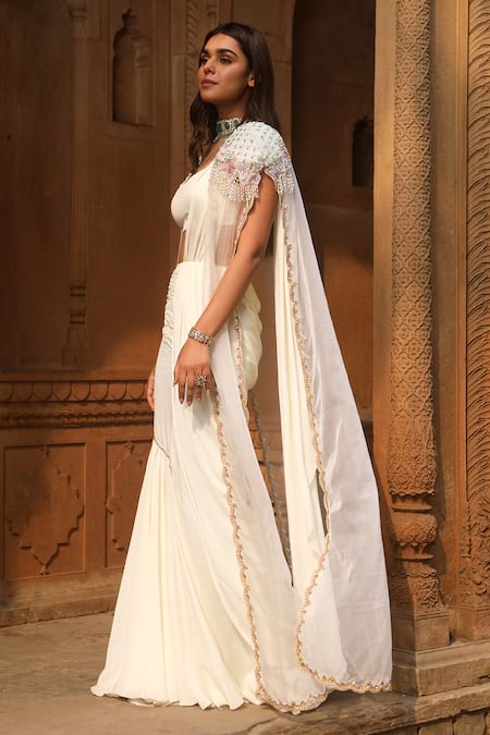 Buy_Dheeru Taneja_Ivory Organza, Chiffon Sequins Scoop Neck Aazira Pre-draped Saree Set With Cape _Online_at_Aza_Fashions