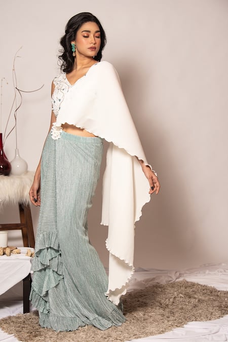 Shop_Vanshika Agarwal Label_White Bamboo, Taffeta, Silk Embroidery V-neck Ice Blue Pre-stitched Saree Set _Online_at_Aza_Fashions