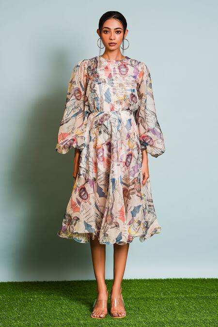 Shop The Dramebaaz CO Ivory Organza, Muslin Round Neck Japanese Macaques Print Top With Skirt Online at Aza Fashions Shop_The Dramebaaz CO_Ivory Organza, Muslin Round Neck Japanese Macaques Print Top With Skirt _Online_at_Aza_Fashions