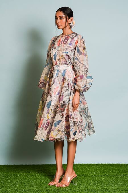 The Dramebaaz CO Ivory Organza, Muslin Round Neck Japanese Macaques Print Top With Skirt at Aza Fashions The Dramebaaz CO_Ivory Organza, Muslin Round Neck Japanese Macaques Print Top With Skirt _at_Aza_Fashions