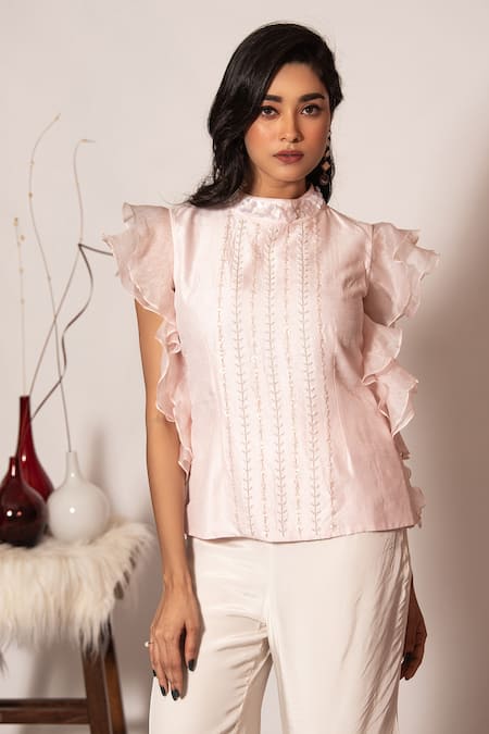Vanshika Agarwal Label_Pink Organza, Taffeta, Crepe Embroidery Ruffle Detail Top And Two Layer Pant Set _Online_at_Aza_Fashions