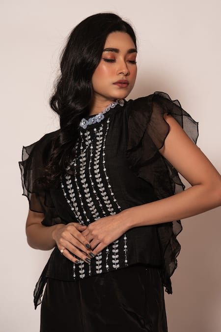 Vanshika Agarwal Label_Black Organza, Bamberg Silk, Lining Embroidered Top And Sharara Flared Pant Set _Online_at_Aza_Fashions