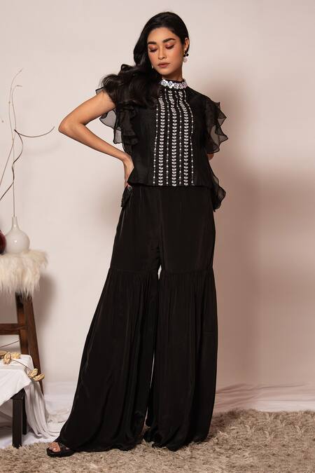 Buy_Vanshika Agarwal Label_Black Organza, Bamberg Silk, Lining Embroidered Top And Sharara Flared Pant Set _Online_at_Aza_Fashions