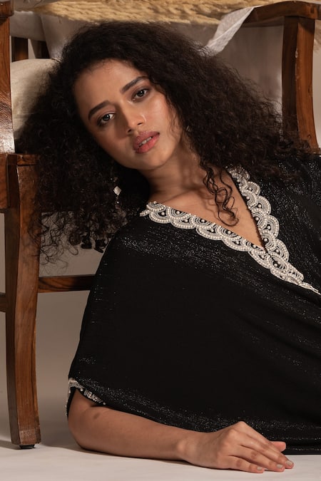 Shop Vanshika Agarwal Label Black Lining Taffeta, Metallic Georgette Zola Textured Embroidered Kaftan Online at Aza Fashions Shop_Vanshika Agarwal Label_Black Lining Taffeta, Metallic Georgette Zola Textured Embroidered Kaftan _Online_at_Aza_Fashions