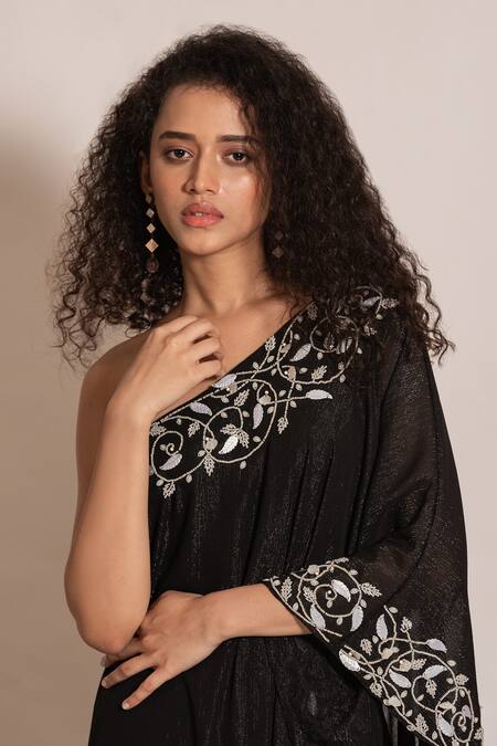 Shop Vanshika Agarwal Label Black Modal, Taffeta, Georgette Pearls, Hand Embroidered Tunic And Pant Set Online at Aza Fashions Shop_Vanshika Agarwal Label_Black Modal, Taffeta, Georgette Pearls, Hand Embroidered Tunic And Pant Set _Online_at_Aza_Fashions