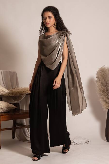 Vanshika Agarwal Label_Black Satin, Georgette, Taffeta Asymmetric Draped Neck Top And Pant Set _Online_at_Aza_Fashions