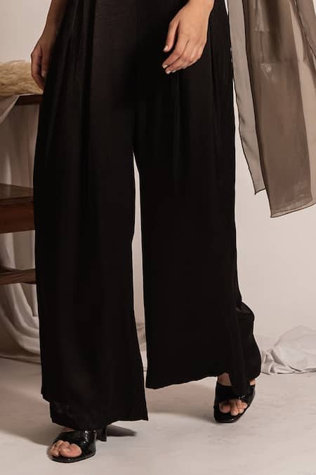 Vanshika Agarwal Label_Black Satin, Georgette, Taffeta Asymmetric Draped Neck Top And Pant Set _at_Aza_Fashions