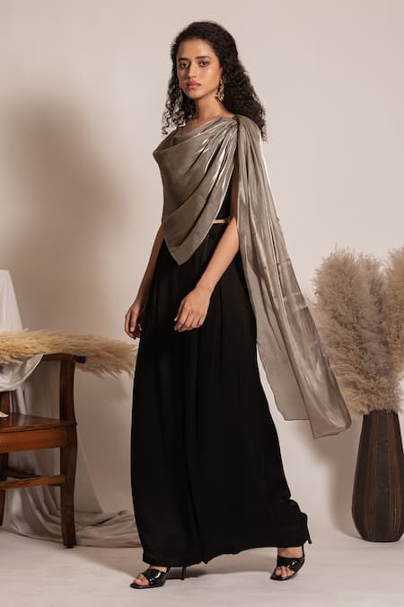 Shop_Vanshika Agarwal Label_Black Satin, Georgette, Taffeta Asymmetric Draped Neck Top And Pant Set _Online_at_Aza_Fashions