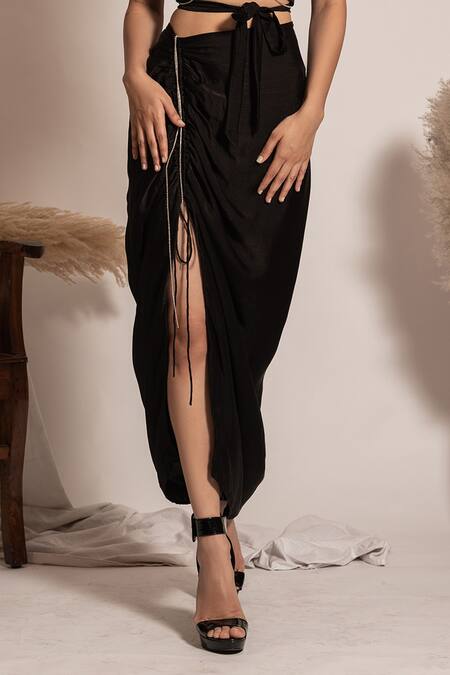 Vanshika Agarwal Label Black Satin, Taffeta Rhinestones Plunge Neck Tie-up Bralette And Ruched Skirt Set at Aza Fashions Vanshika Agarwal Label_Black Satin, Taffeta Rhinestones Plunge Neck Tie-up Bralette And Ruched Skirt Set _at_Aza_Fashions