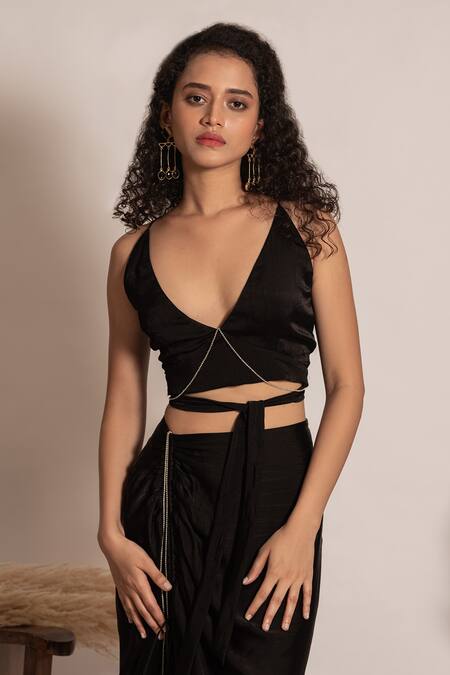 Buy Vanshika Agarwal Label Black Satin, Taffeta Rhinestones Plunge Neck Tie-up Bralette And Ruched Skirt Set Online at Aza Fashions Buy_Vanshika Agarwal Label_Black Satin, Taffeta Rhinestones Plunge Neck Tie-up Bralette And Ruched Skirt Set _Online_at_Aza_Fashions