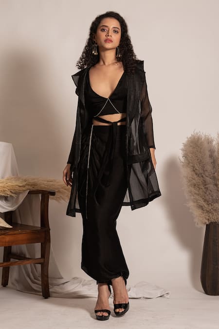 Buy_Vanshika Agarwal Label_Black Satin, Crepe, Organza Rhinestones Tie-up Bralette And Ruched Skirt Set _Online_at_Aza_Fashions