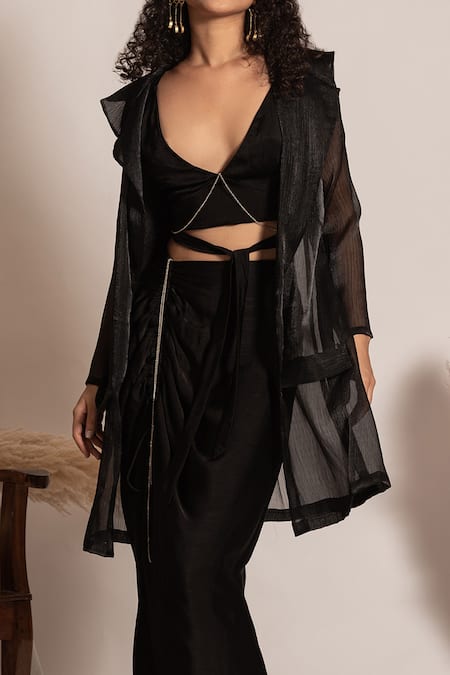 Shop_Vanshika Agarwal Label_Black Satin, Crepe, Organza Rhinestones Tie-up Bralette And Ruched Skirt Set _Online_at_Aza_Fashions