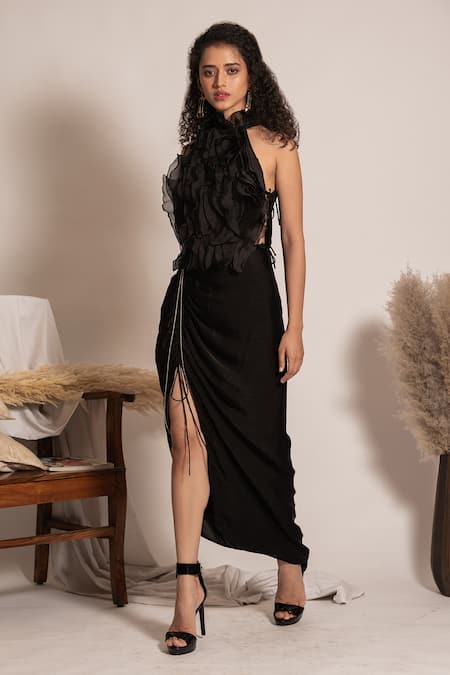 Vanshika Agarwal Label_Black Organza, Satin, Brs, Clara Eva Ruffle Overlay Top And Ruched Skirt Set _Online_at_Aza_Fashions