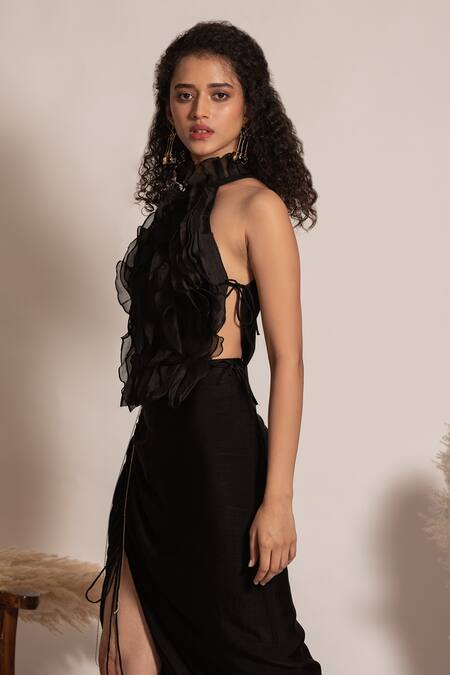 Buy_Vanshika Agarwal Label_Black Organza, Satin, Brs, Clara Eva Ruffle Overlay Top And Ruched Skirt Set _Online_at_Aza_Fashions