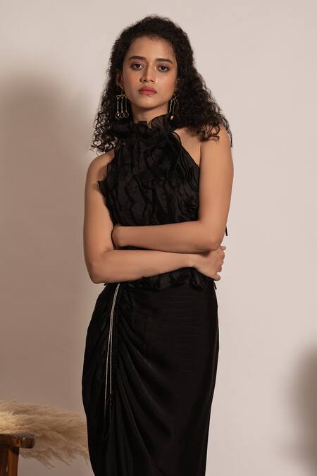 Shop_Vanshika Agarwal Label_Black Organza, Satin, Brs, Clara Eva Ruffle Overlay Top And Ruched Skirt Set _Online_at_Aza_Fashions