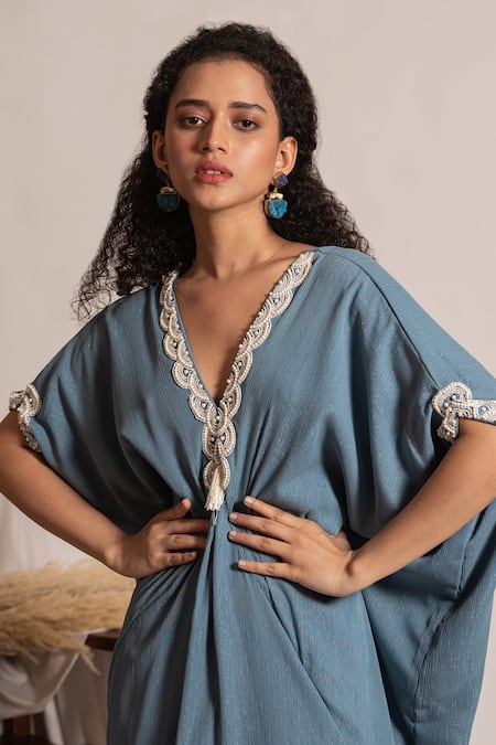 Vanshika Agarwal Label_Blue Lining Taffeta, Metallic Georgette Pearl V Neck Zola Embroidered Kaftan _Online_at_Aza_Fashions