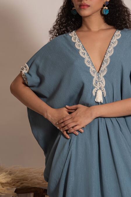 Buy_Vanshika Agarwal Label_Blue Lining Taffeta, Metallic Georgette Pearl V Neck Zola Embroidered Kaftan _Online_at_Aza_Fashions