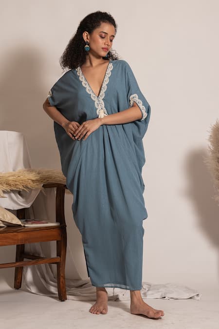 Shop_Vanshika Agarwal Label_Blue Lining Taffeta, Metallic Georgette Pearl V Neck Zola Embroidered Kaftan _Online_at_Aza_Fashions