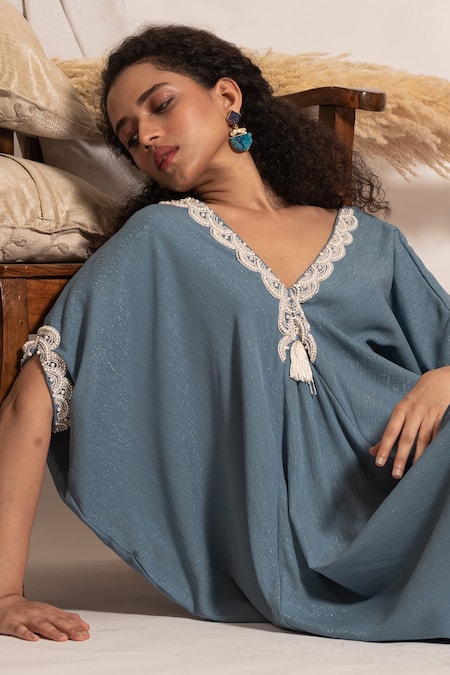 Vanshika Agarwal Label_Blue Lining Taffeta, Metallic Georgette Pearl V Neck Zola Embroidered Kaftan _at_Aza_Fashions